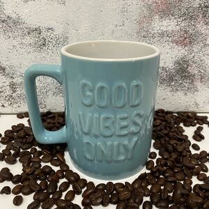 Coffee Mug Aqua Blue with Embossed Text “Good Vibes Only”